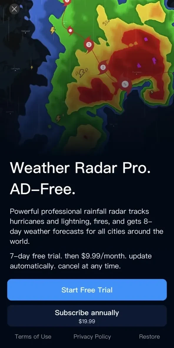 Weather Radar Maps paywall screen
