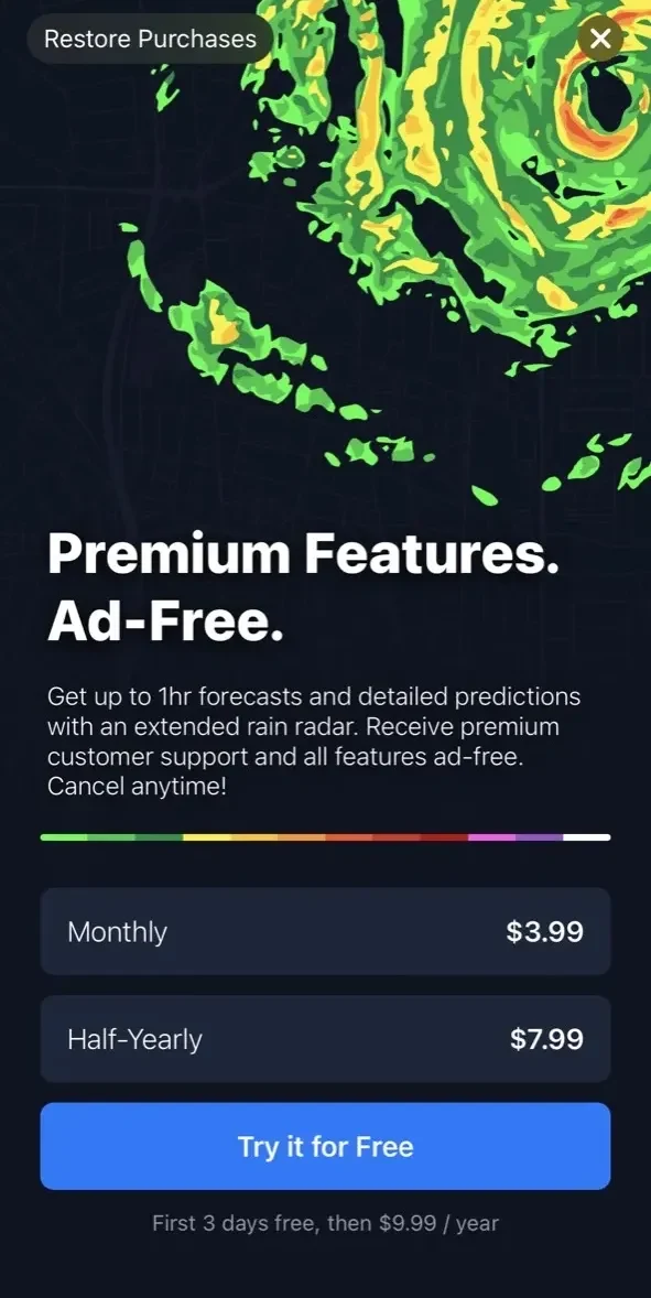 Weather Radar paywall screen