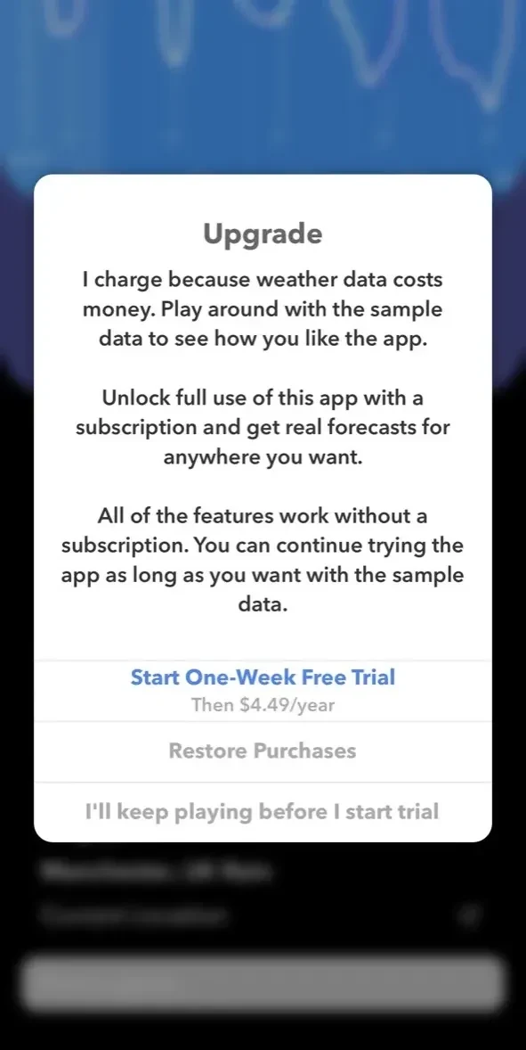Weather Range paywall screen