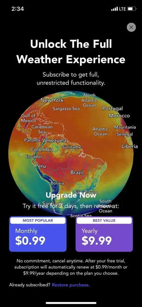 Weather paywall screen