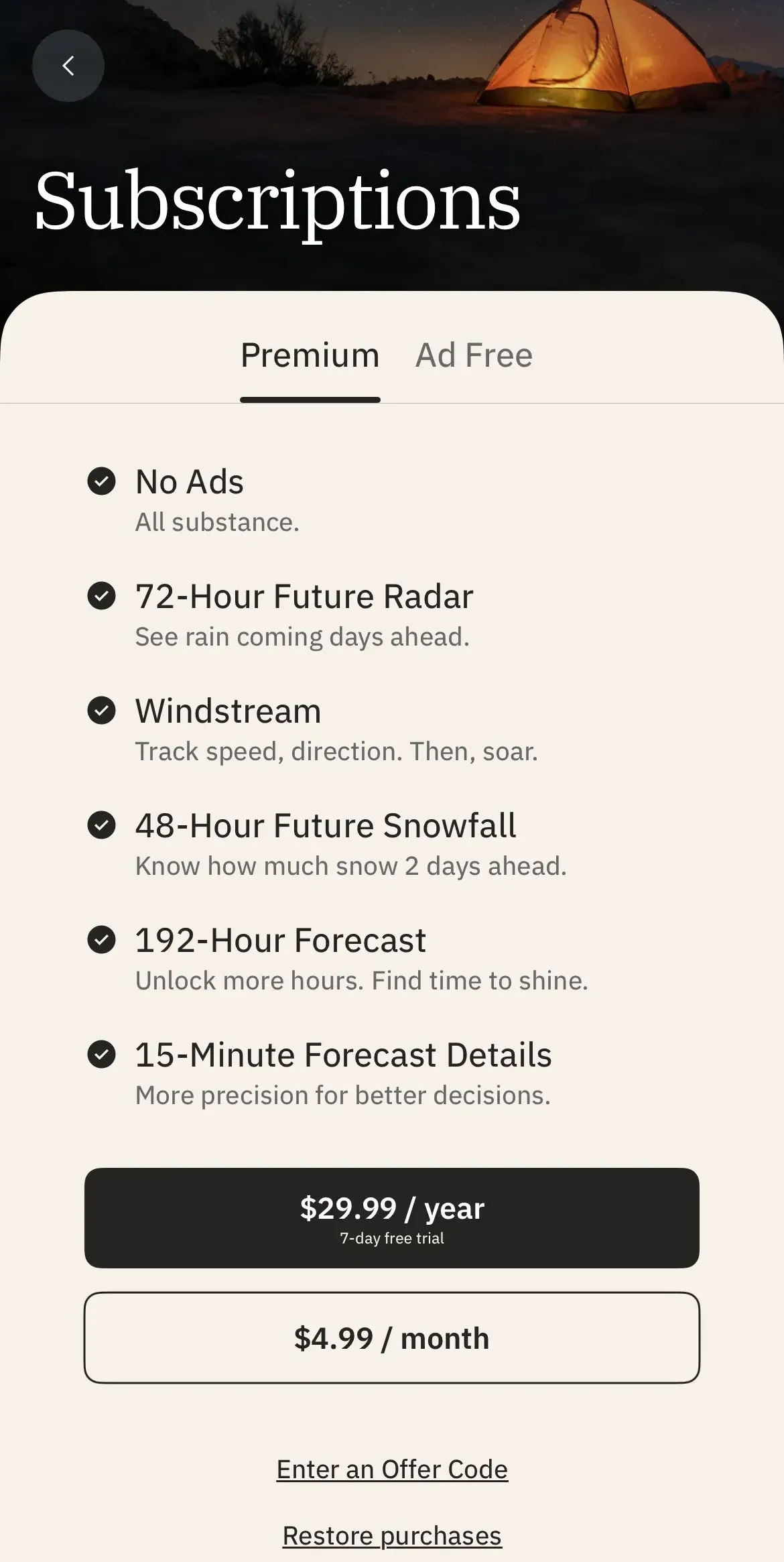 Weather paywall screen