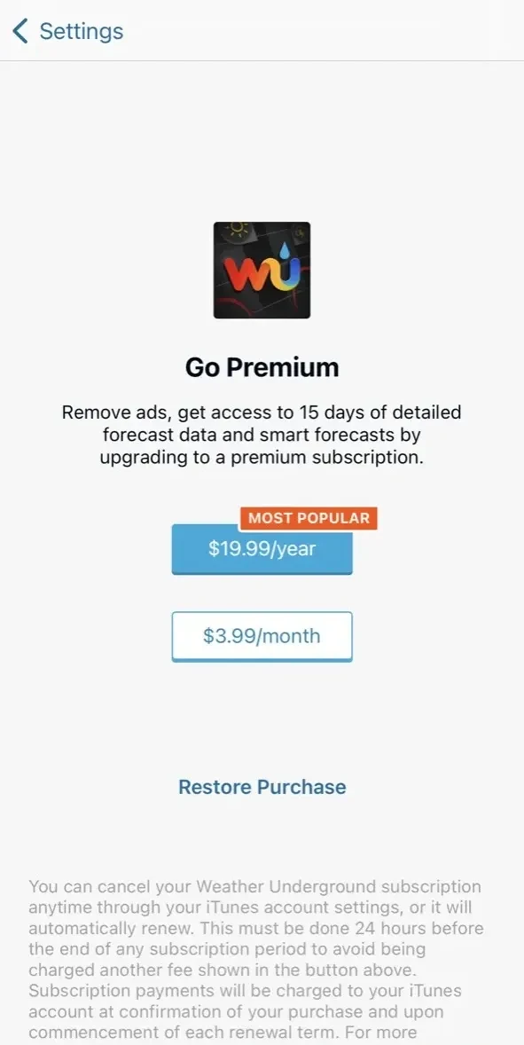 Weather Underground paywall screen
