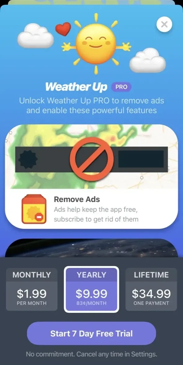 Weather Up paywall screen