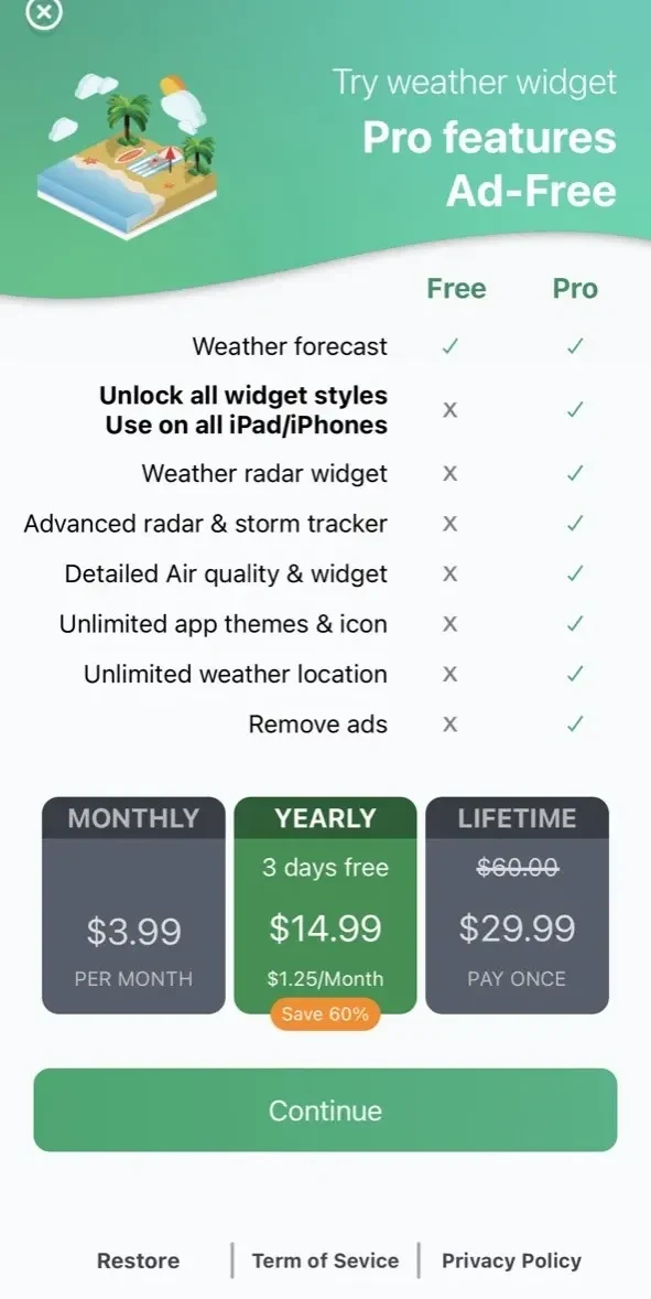 Weather Widget® paywall screen