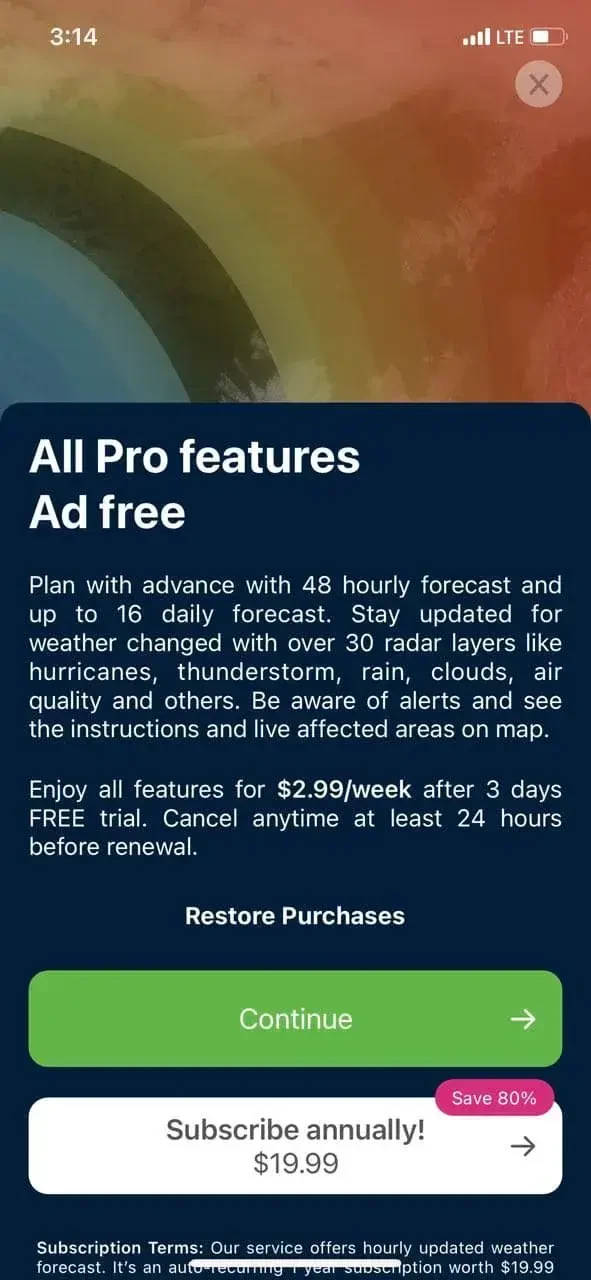 Weather #1 paywall screen