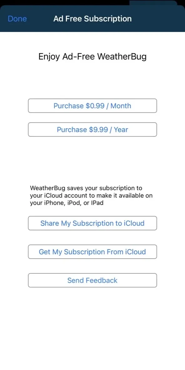 WeatherBug paywall screen