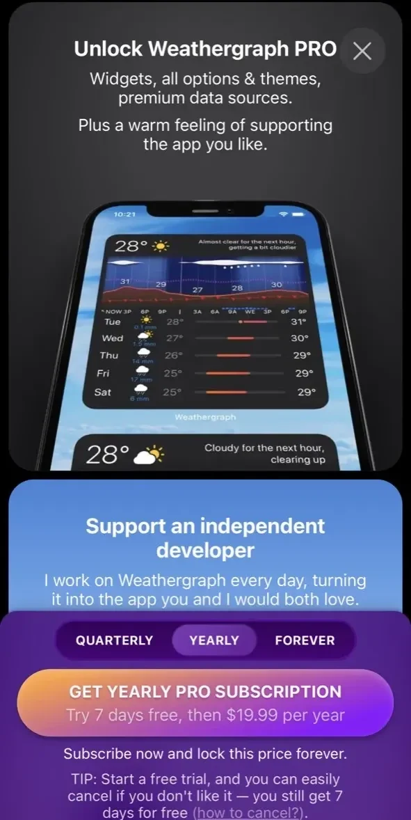 Weathergraph weather widget paywall screen