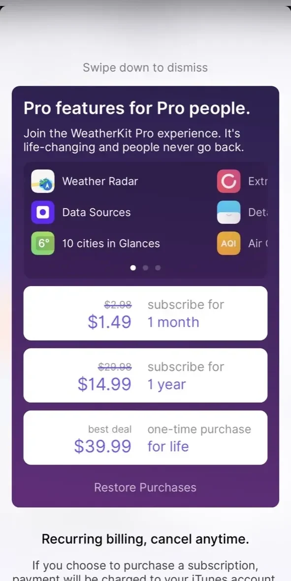 WeatherKit paywall screen