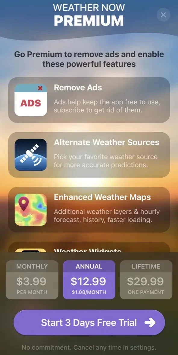 Weather NOW Forecast paywall screen