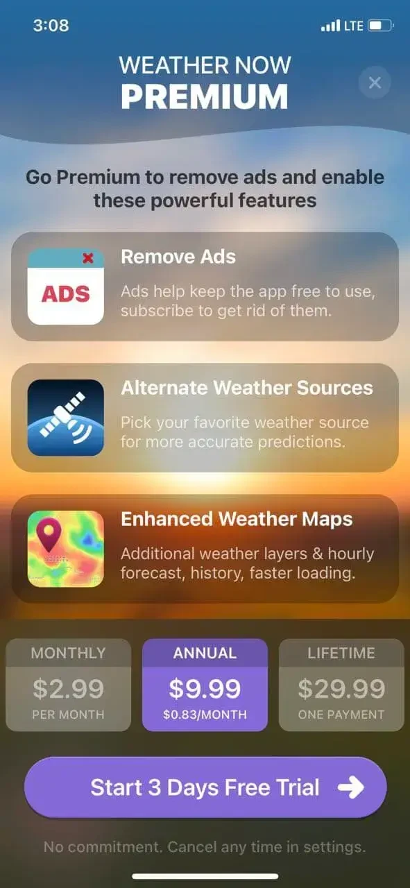 Weather NOW Forecast paywall screen