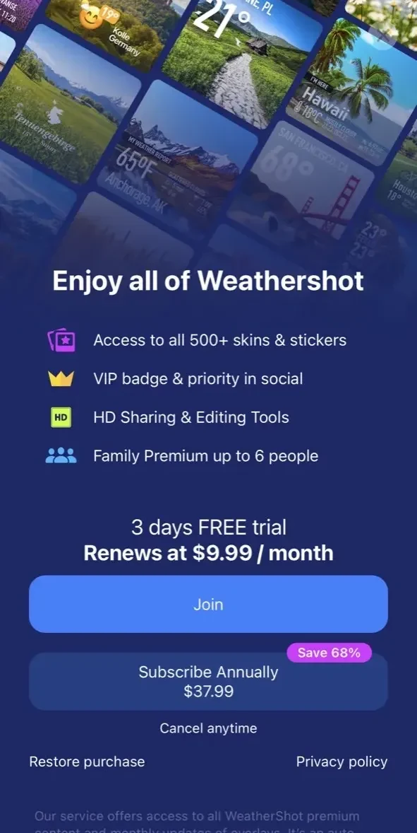 Weathershot paywall screen
