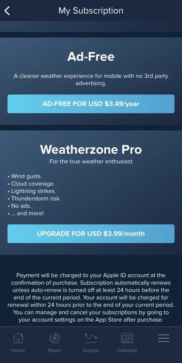 Weatherzone paywall screen