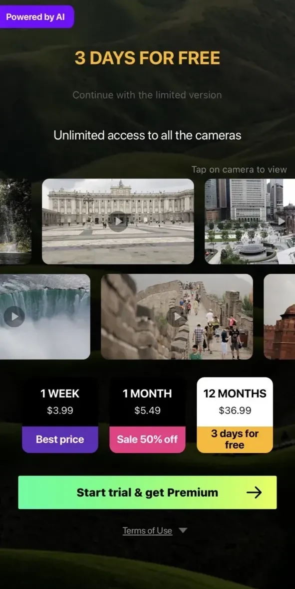 Webcams World View paywall screen