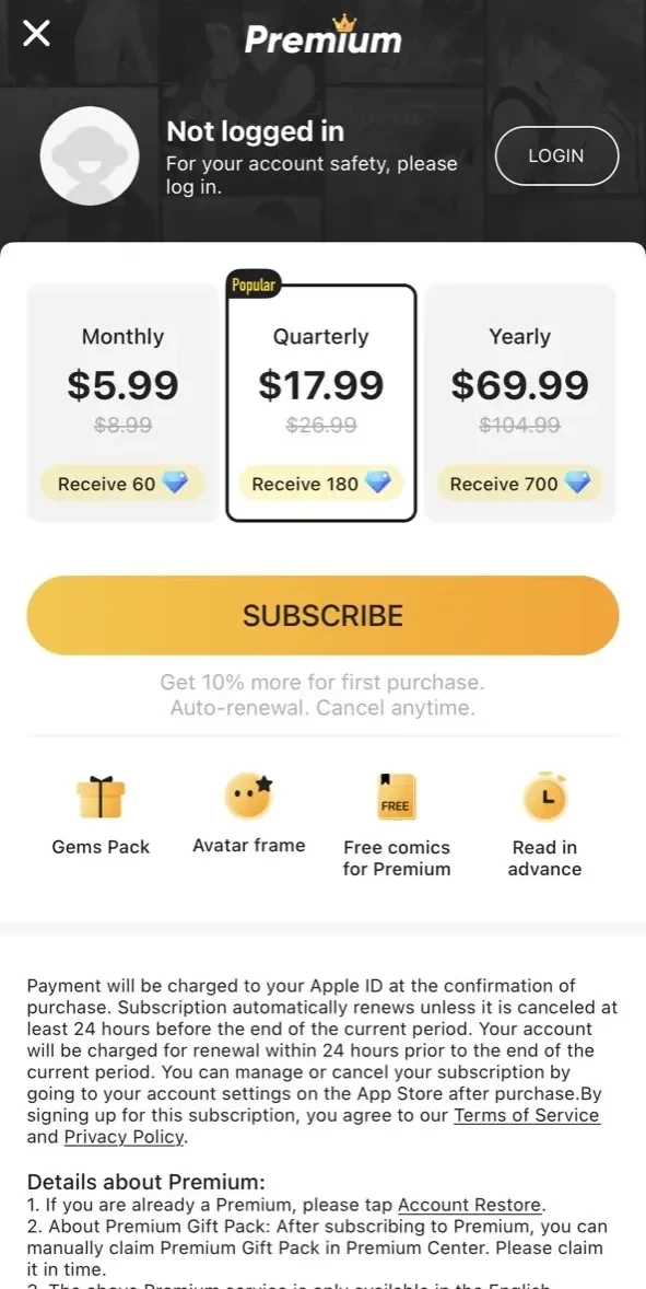 WebComics paywall screen
