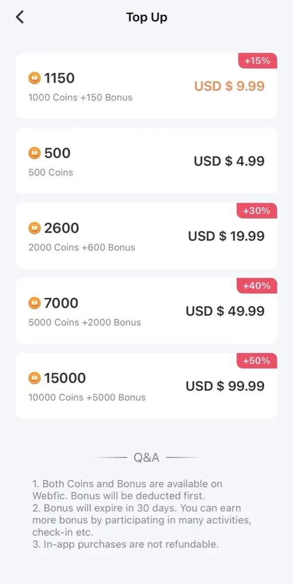 Webfic paywall screen