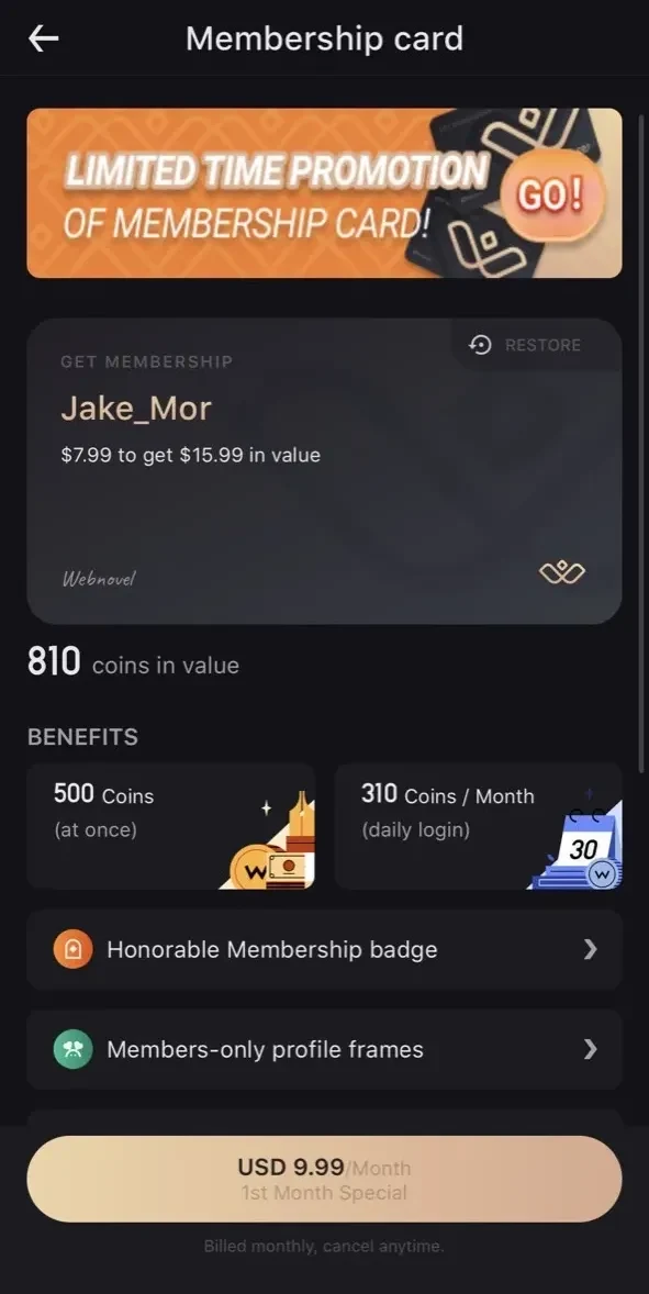 WebNovel paywall screen