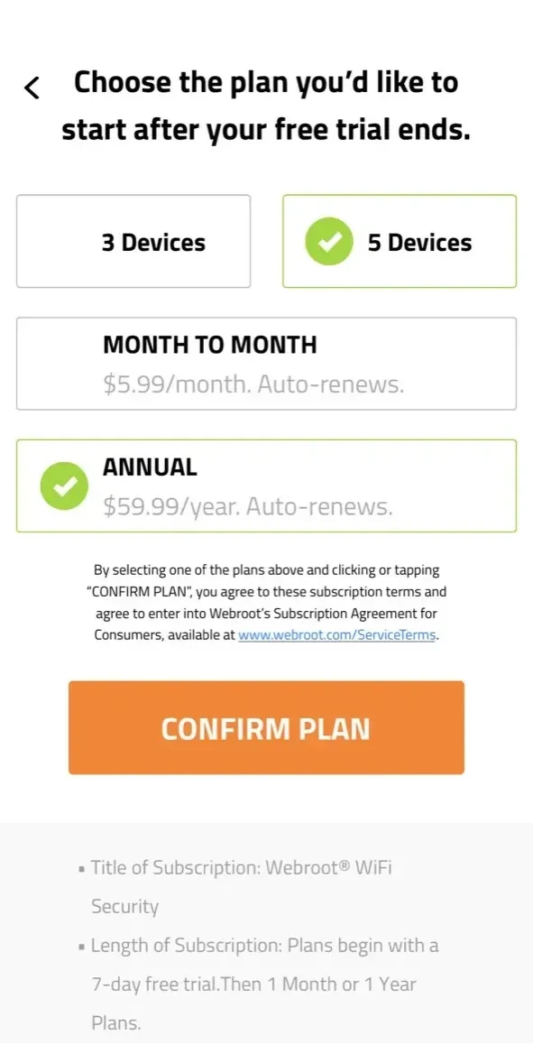 Webroot WiFi Security paywall screen
