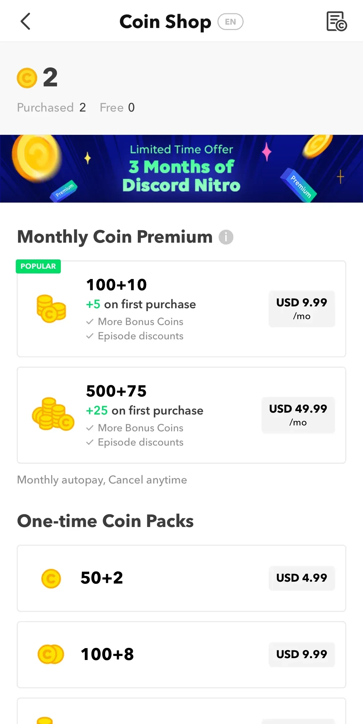 WEBTOON paywall screen
