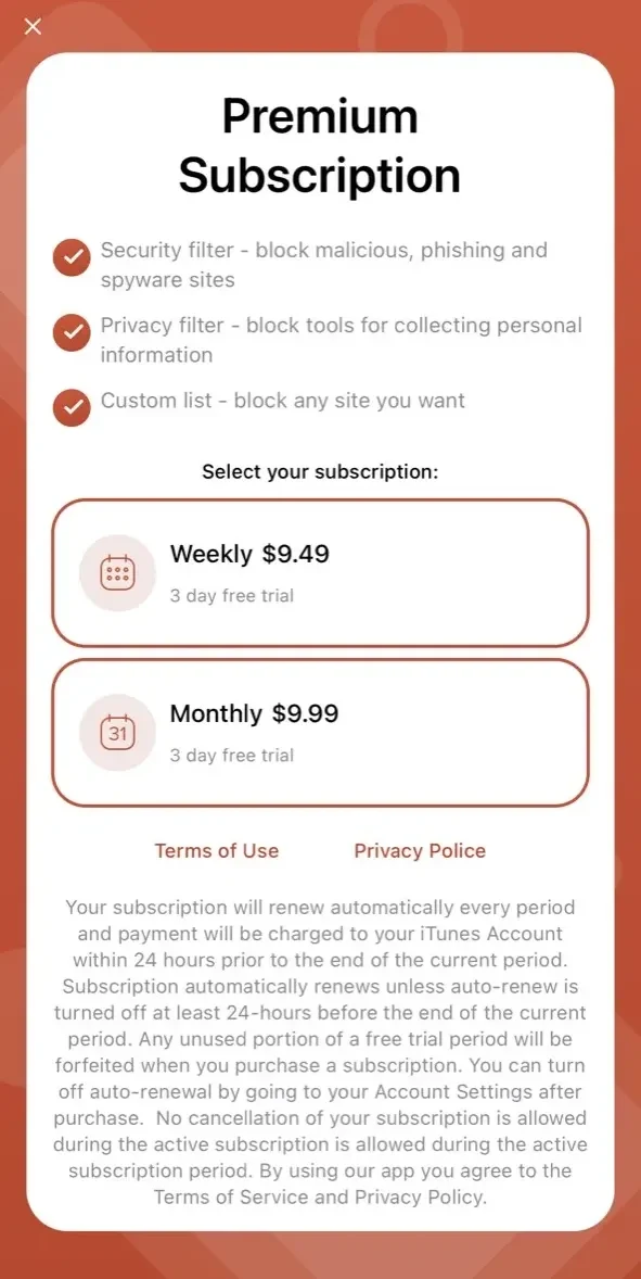 Webvisor paywall screen