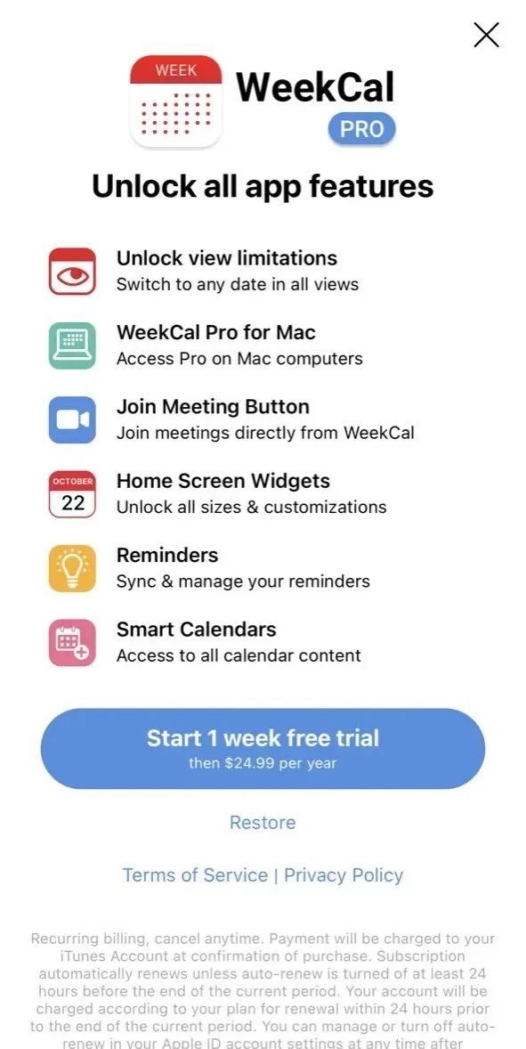 Week Calendar paywall screen