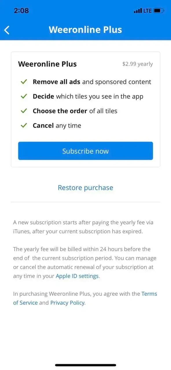 Weeronline paywall screen