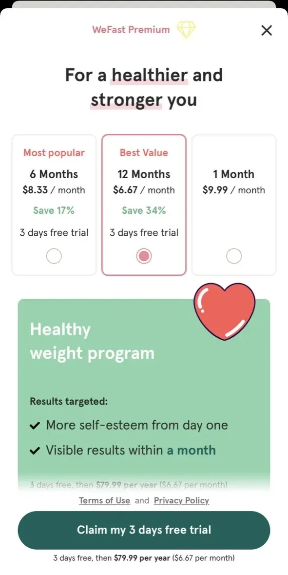 WeFast paywall screen
