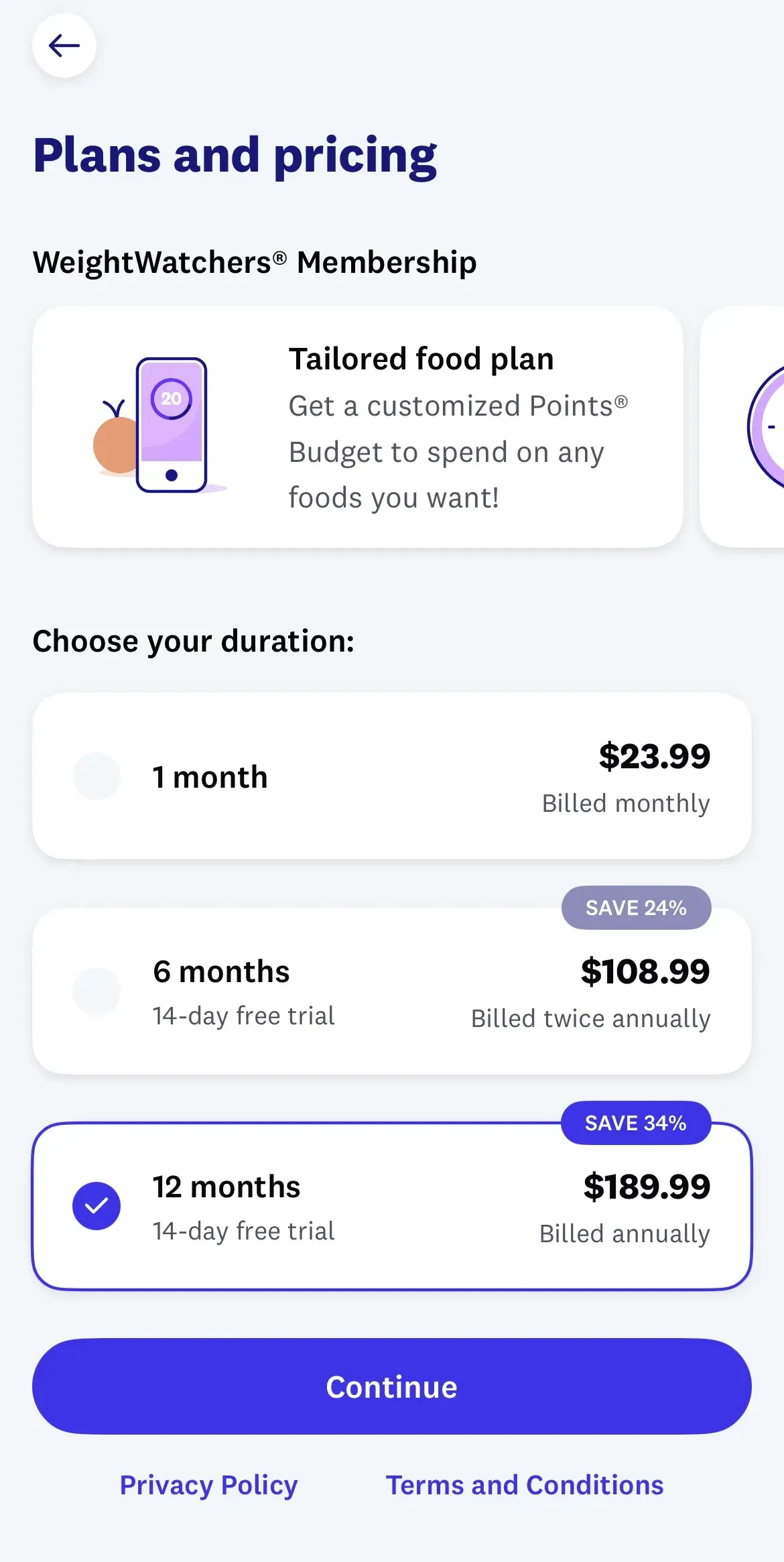 WeightWatchers Program paywall screen