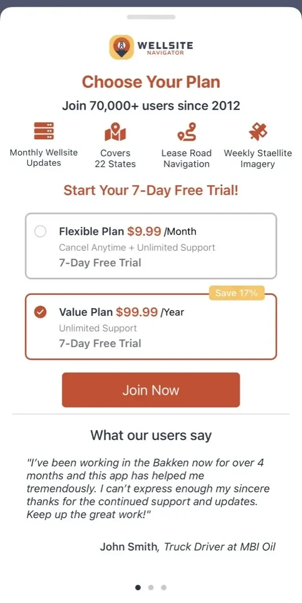 Wellsite Navigator paywall screen