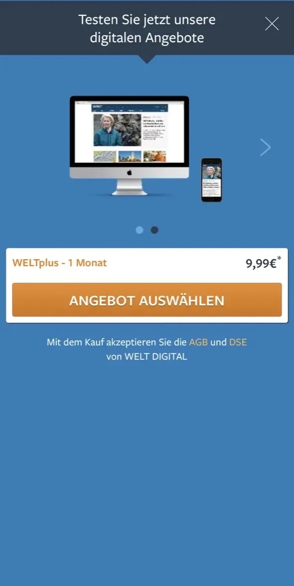 WELT News paywall screen