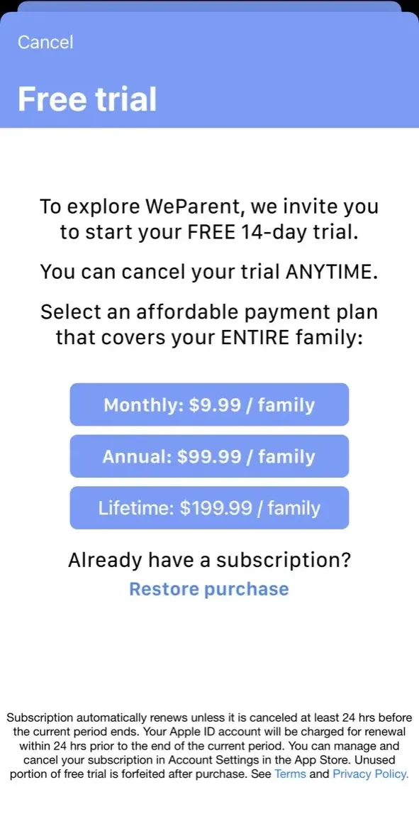 WeParent paywall screen