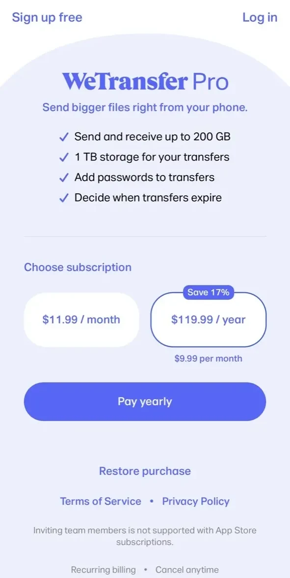 WeTransfer paywall screen