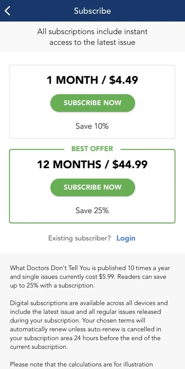 What Doctors Don’t Tell You paywall screen