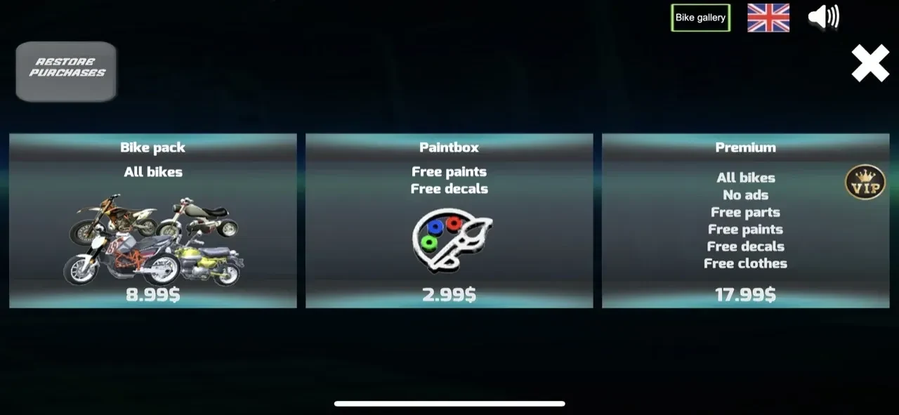 Wheelie King 4 paywall screen