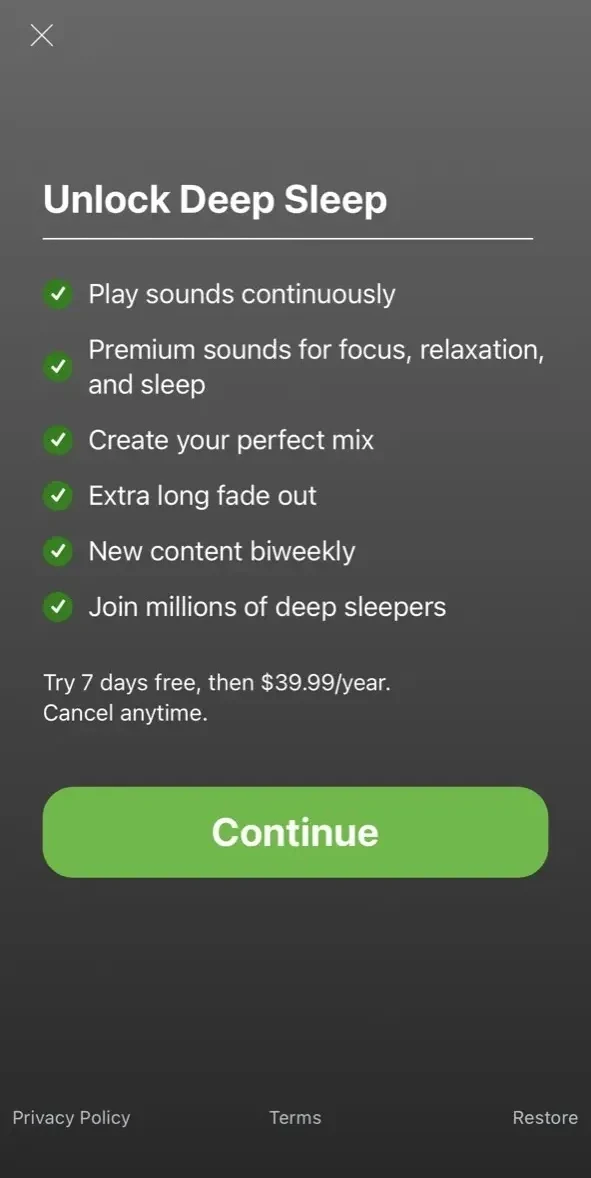 White Noise Deep Sleep Sounds paywall screen