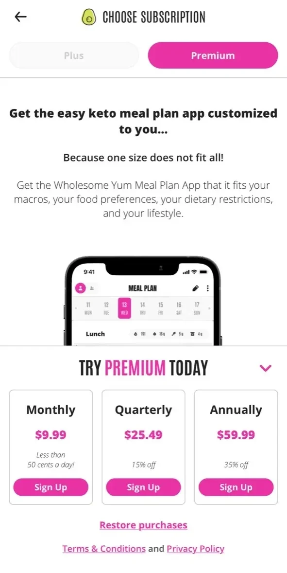 Wholesome Yum paywall screen