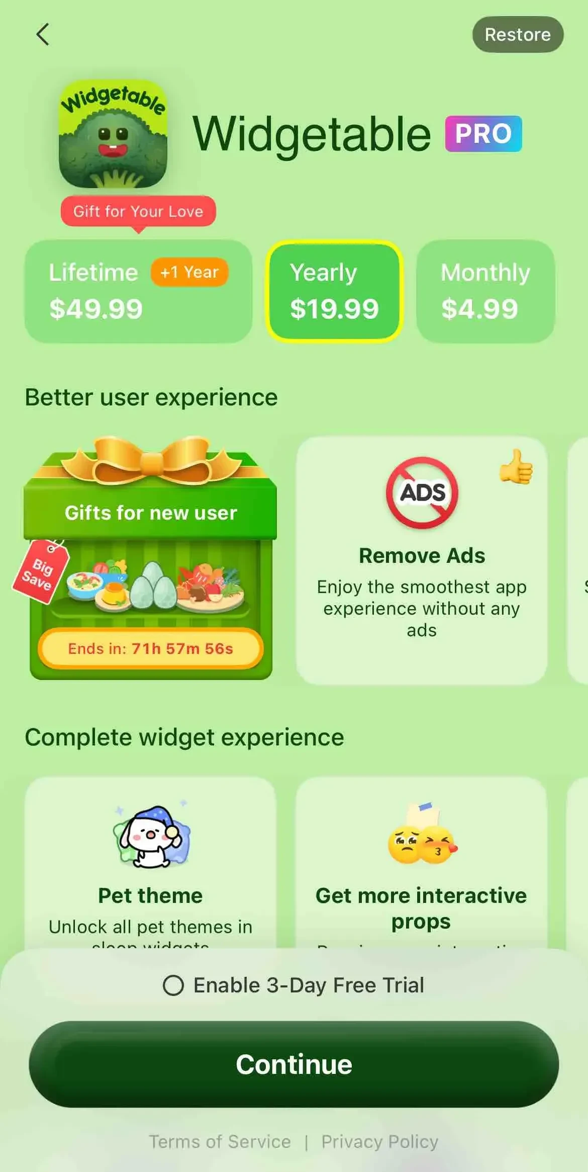 Widgetable paywall screen