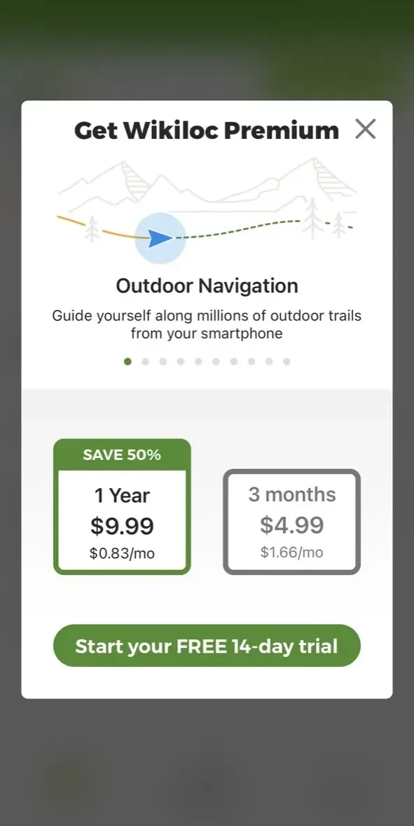Wikiloc Outdoor Navigation GPS paywall screen
