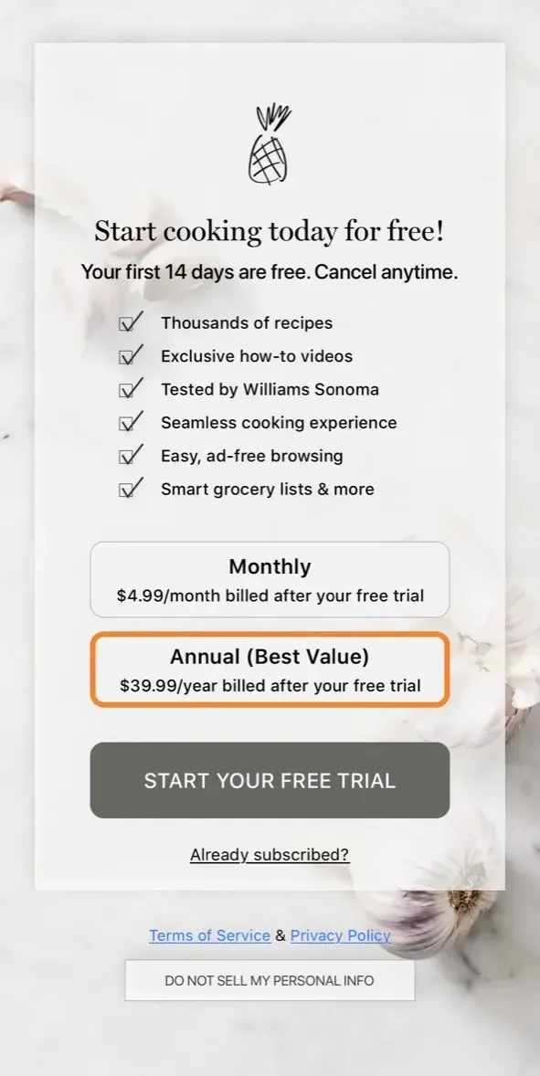 Williams Sonoma paywall screen