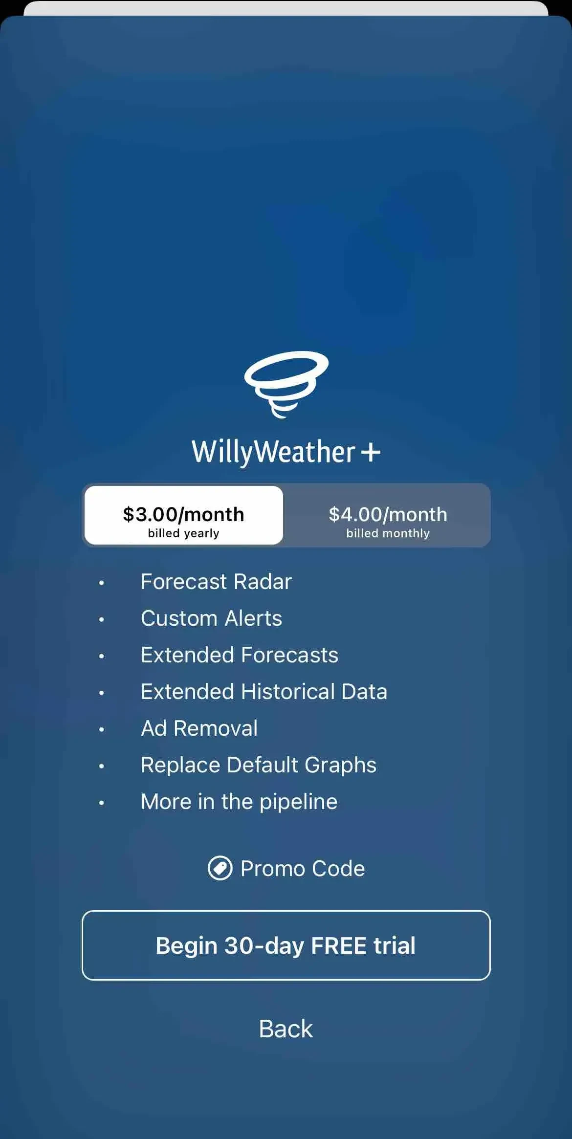 WillyWeather paywall screen