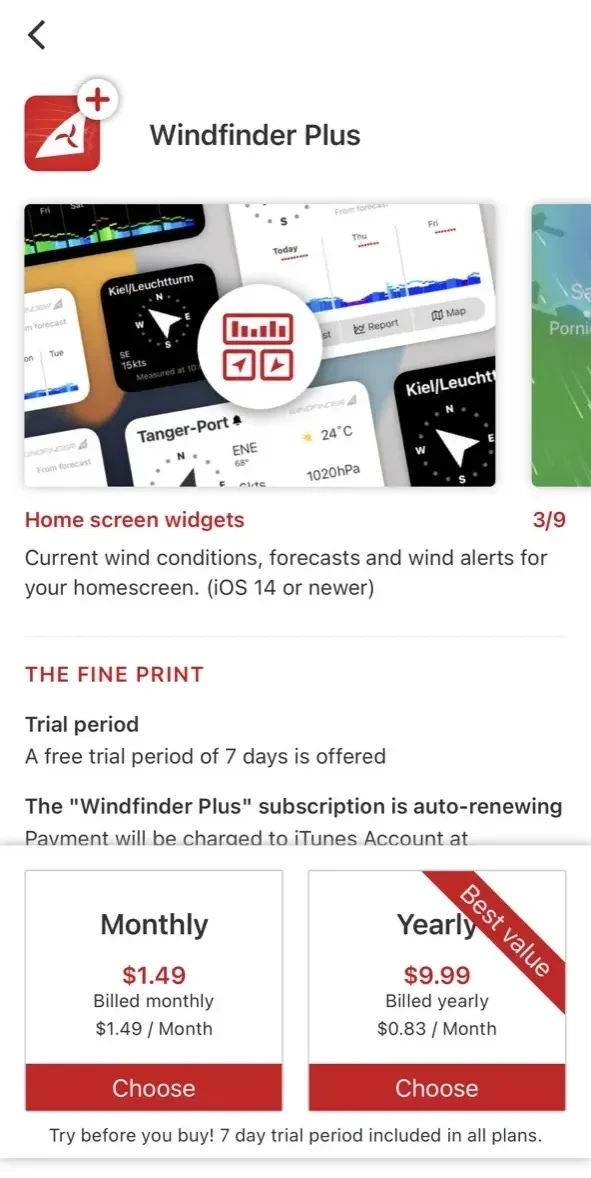 Windfinder paywall screen