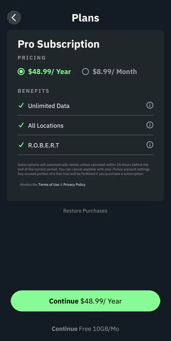 Windscribe VPN paywall screen