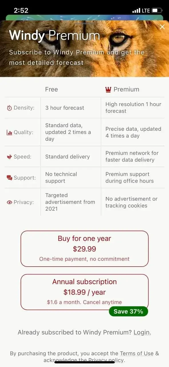 Windy paywall screen