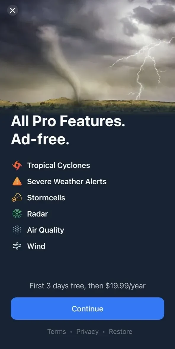 Windy Weather Radar paywall screen