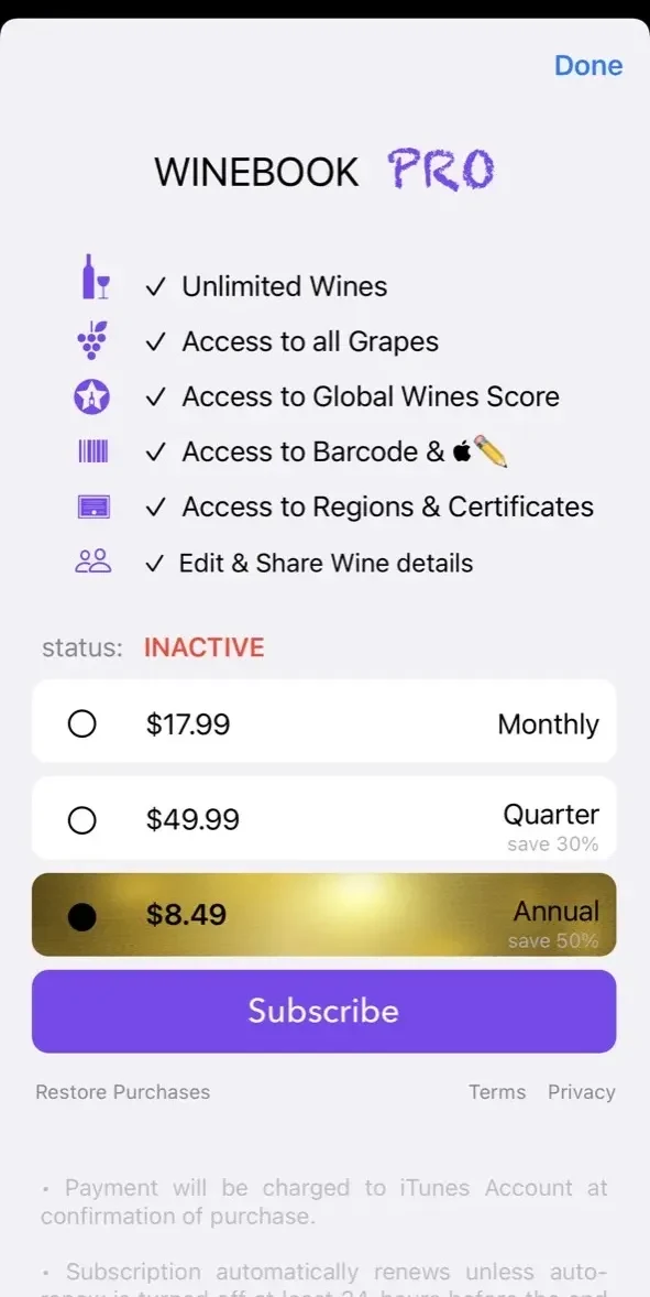 Winebook Pro paywall screen