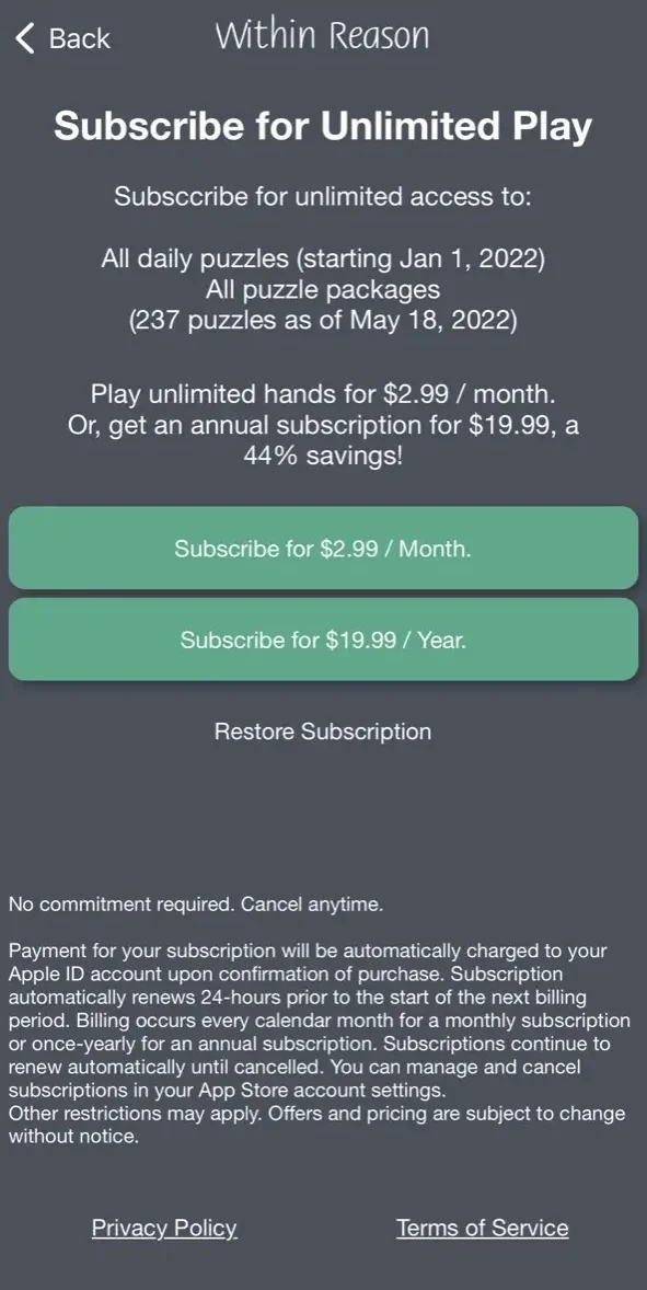 Within Reason Logic Puzzles paywall screen