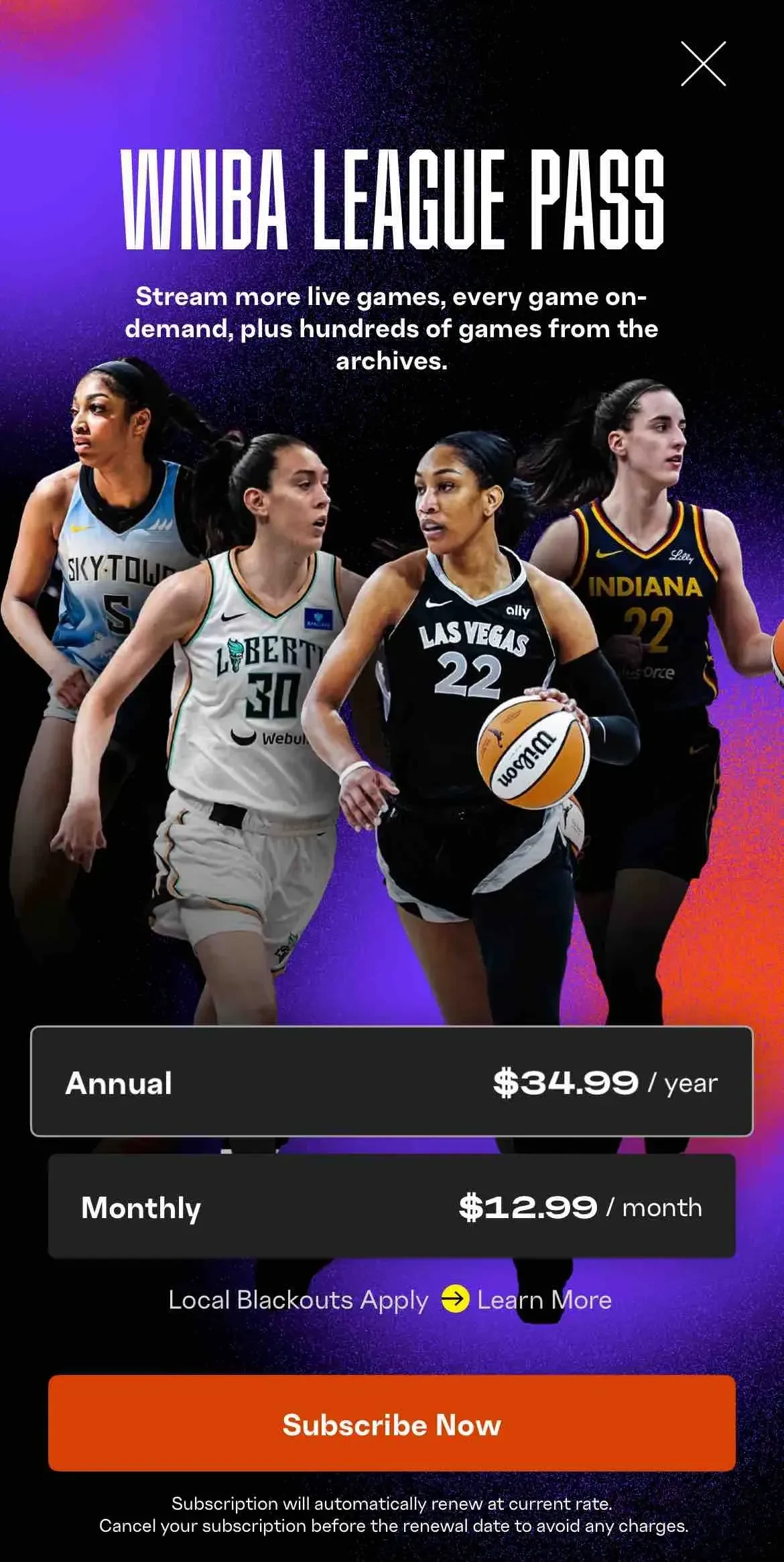 WNBA paywall screen
