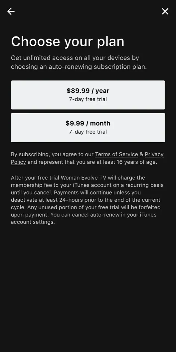 Woman Evolve TV paywall screen