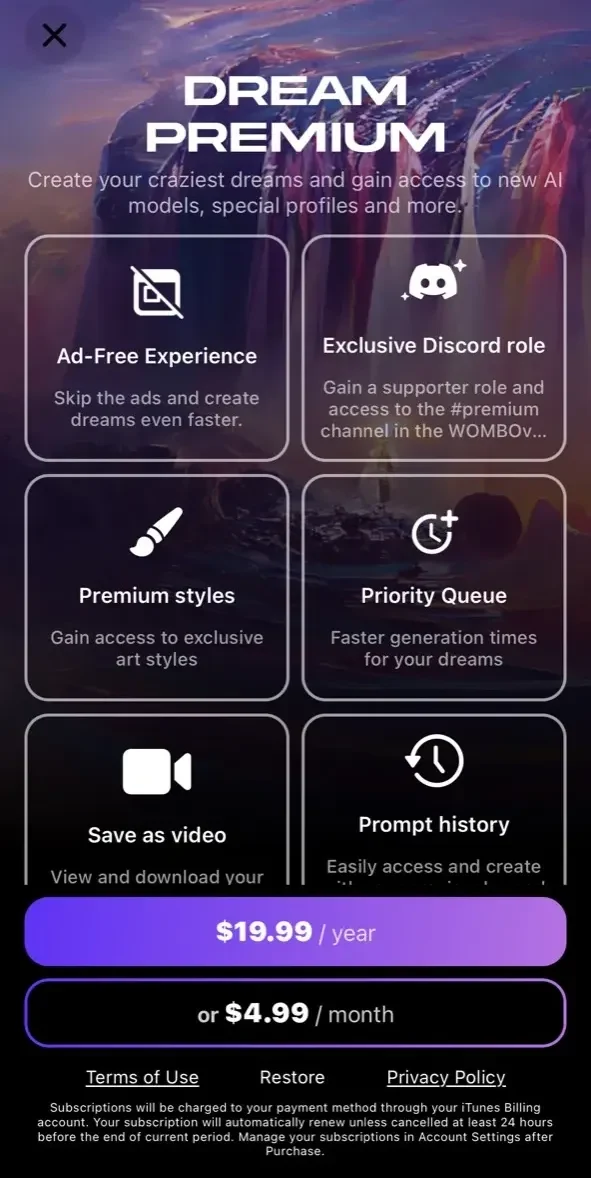 Wombo Dream paywall screen