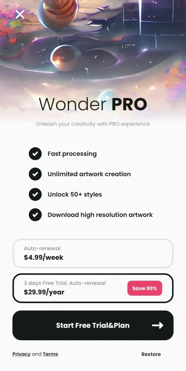 Wonder paywall screen