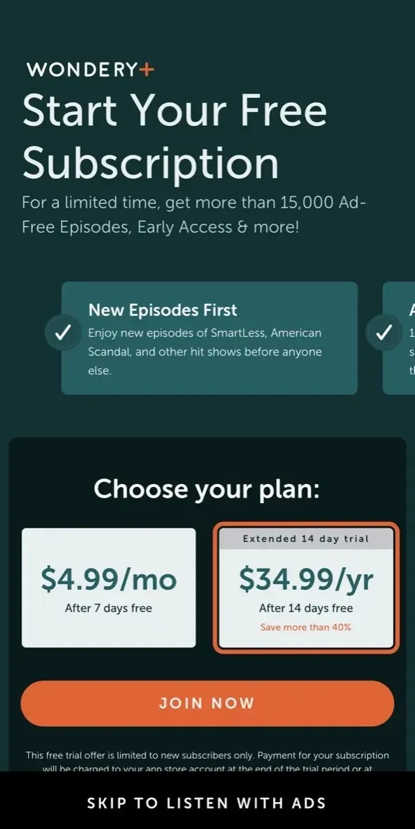 Wondery paywall screen